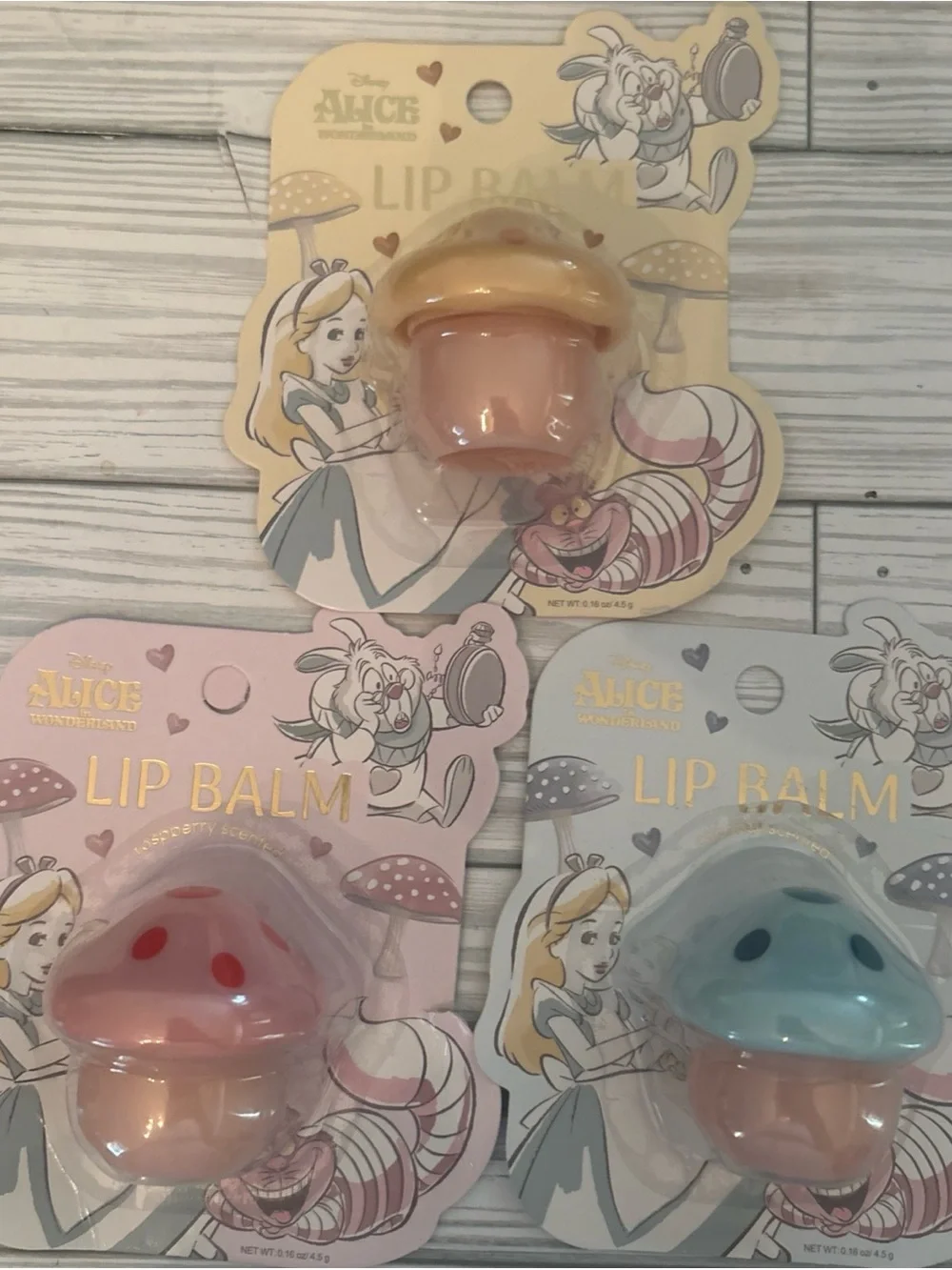 Disney Alice in Wonderland Mushroom Lip Balm Set of 3 - Pink, Yellow, Blue